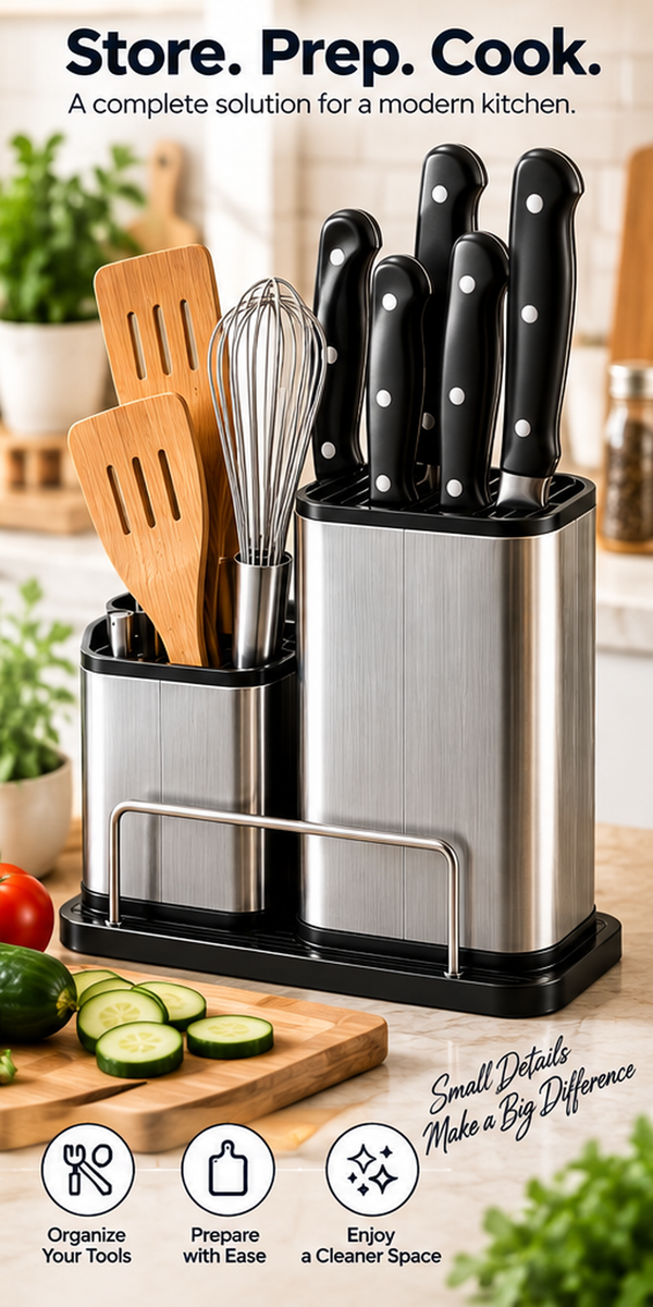 Drainable Knife & Cutting Board Holder – Space-Saving Kitchen Organizer with Water Drainage